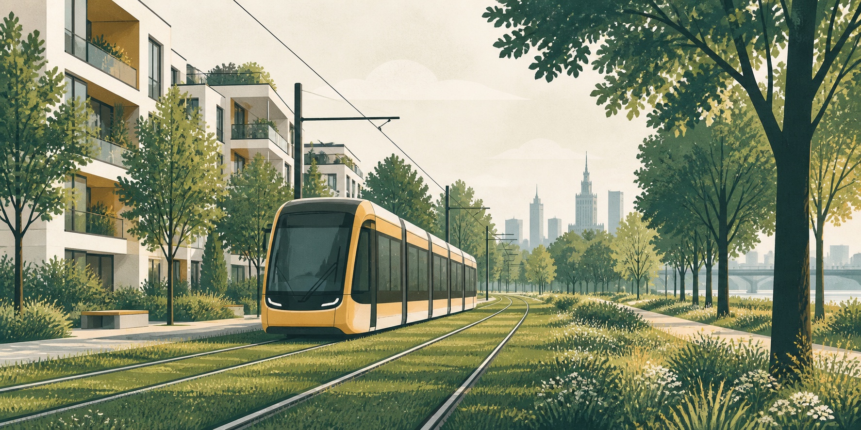 Stylizowana ilustracja tramwaju i hipotetycznej linii trasy
